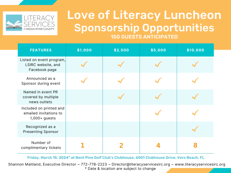 2023 - 2024 Literacy Services of IRC - Love of Literacy Luncheon Sponsorship Package